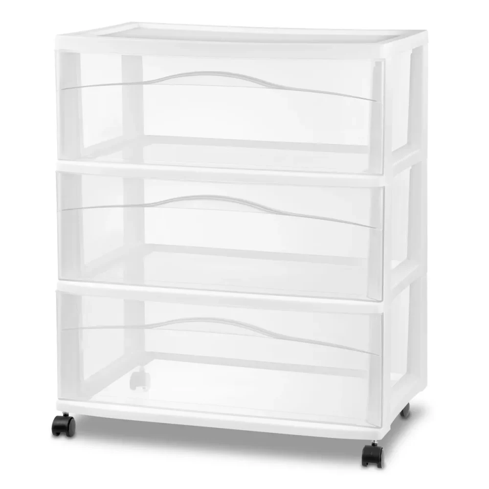 3 Drawer Wide Cart White: Plastic Storage Drawers, Utility Cart with Casters, Portable Universal Storage